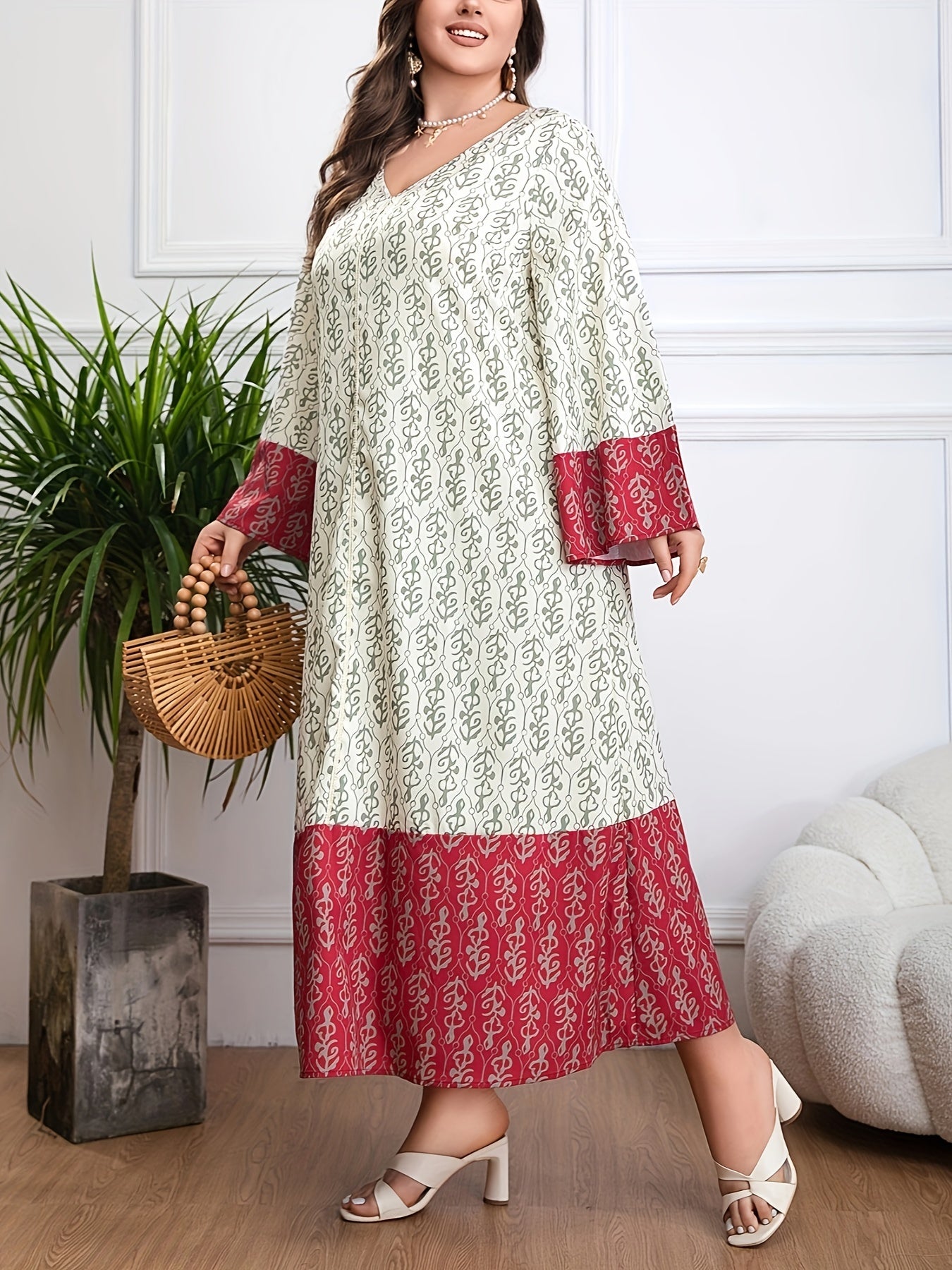 Plus Size Floral Colorblock Kaftan Dress V Neck Long Sleeve Womens Clothing