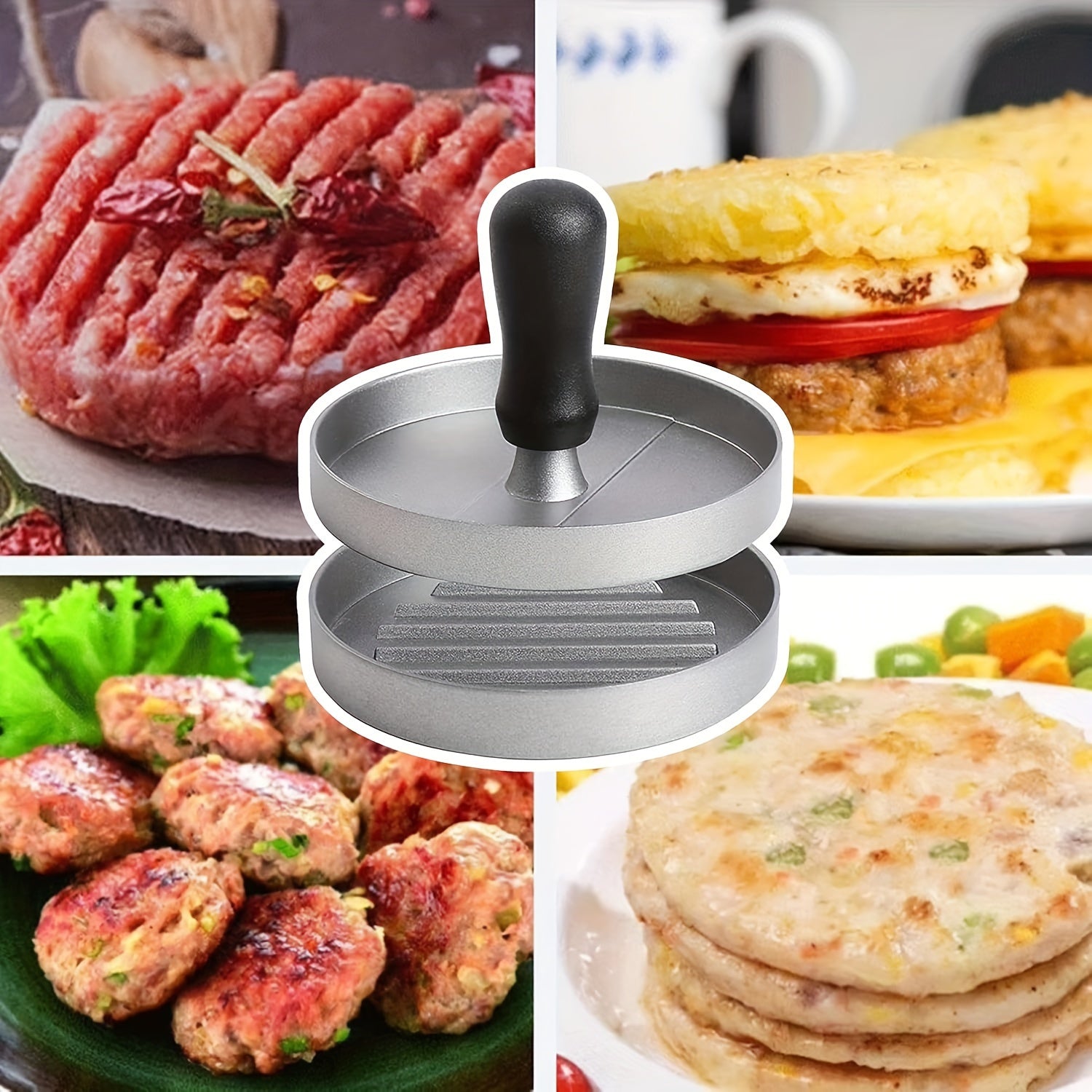 Molde de prensa para hamburguesas de acero inoxidable con mango de madera, antiadherente, para hacer hamburguesas