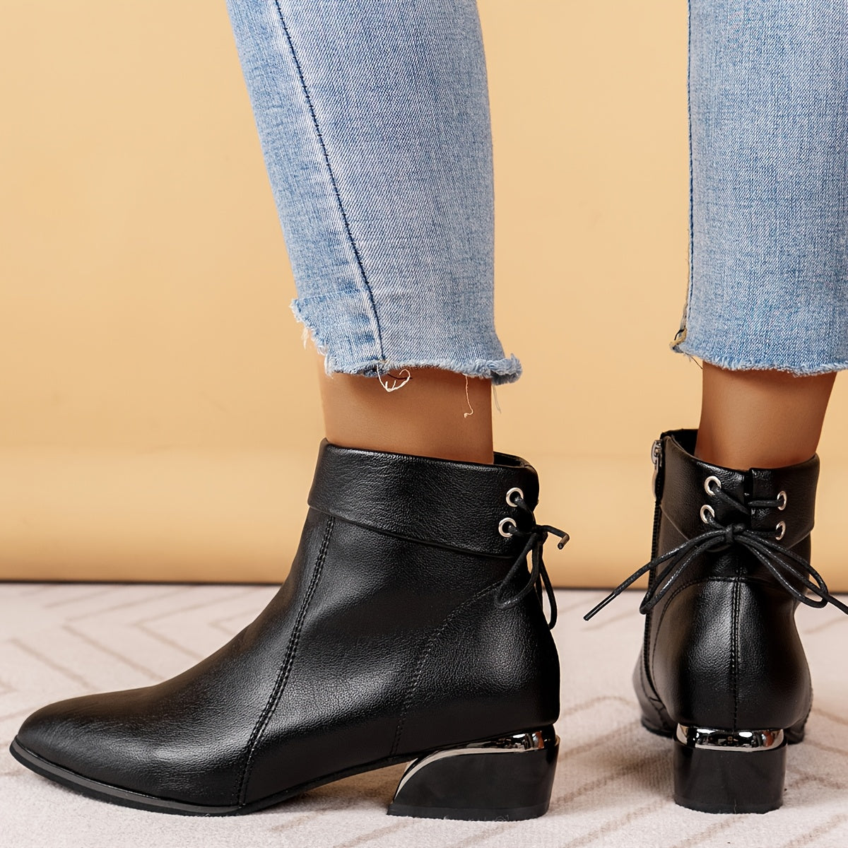 Women’s Black Faux Leather Ankle Boots, Low Heel, Side Zipper