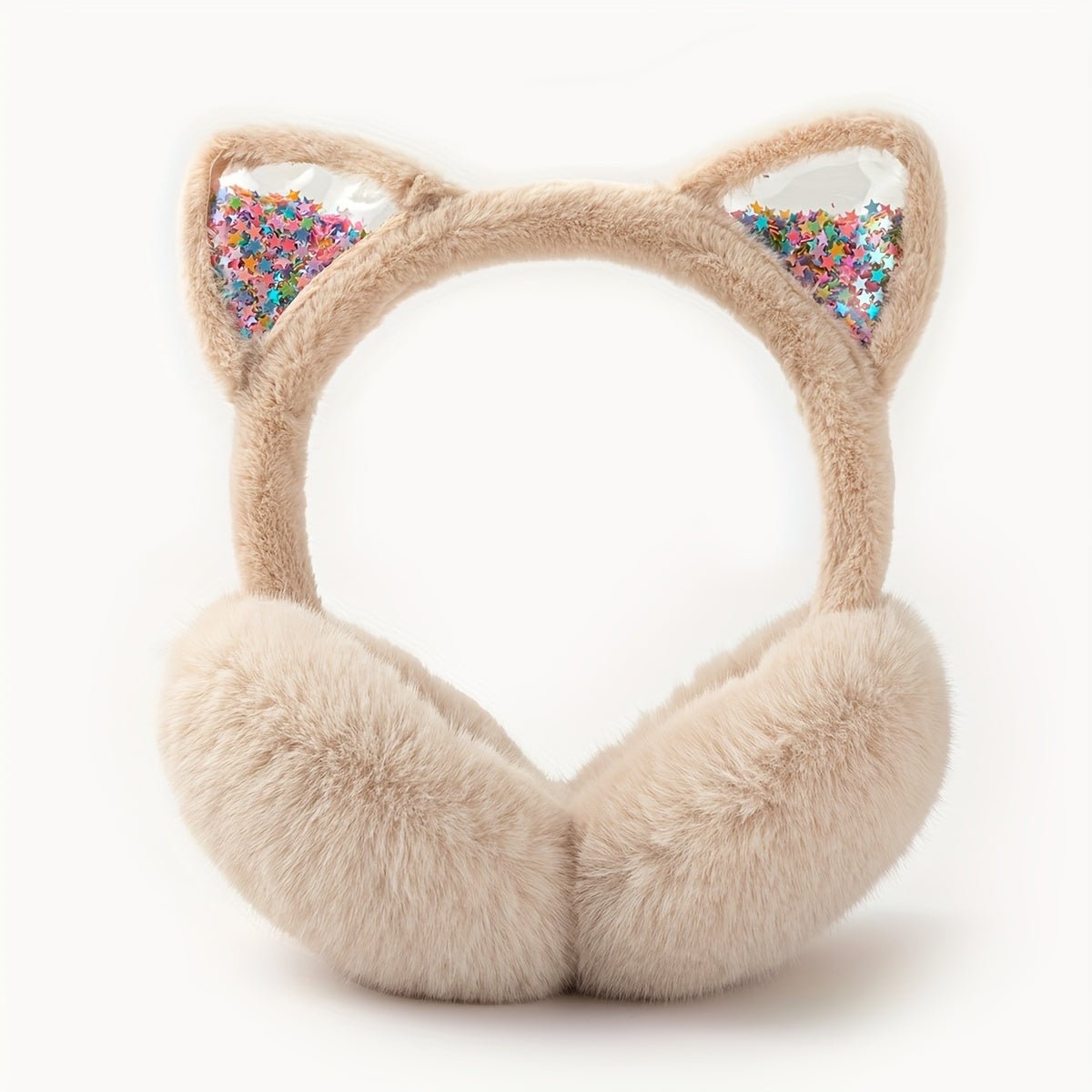 Auriculares con orejas de gato acogedoras, orejeras de peluche con pelo sintético, orejas brillantes, ropa de invierno