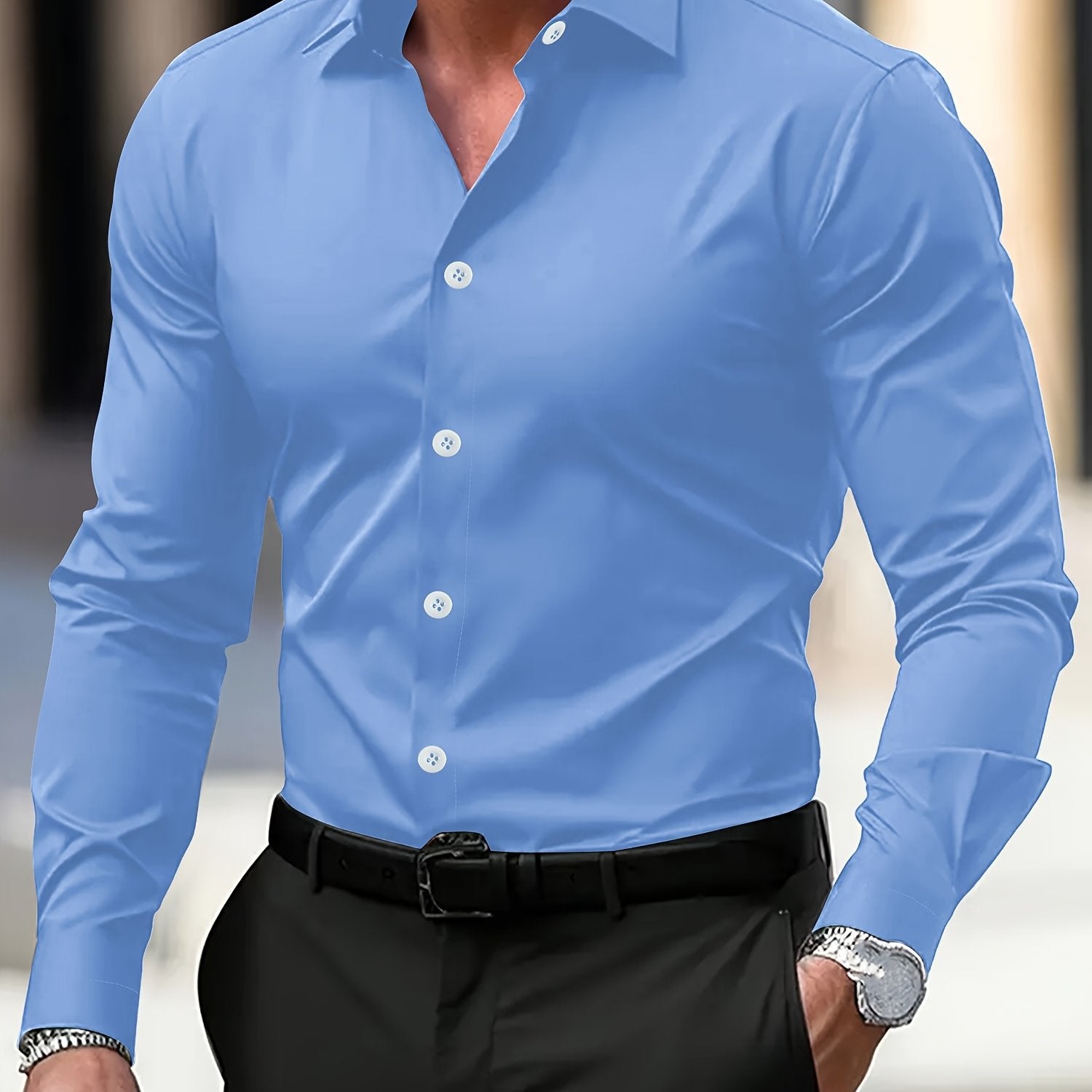 Men's Green Long-Sleeve Polyester Dress Shirt Semi-Sheer Lapel Business Formal