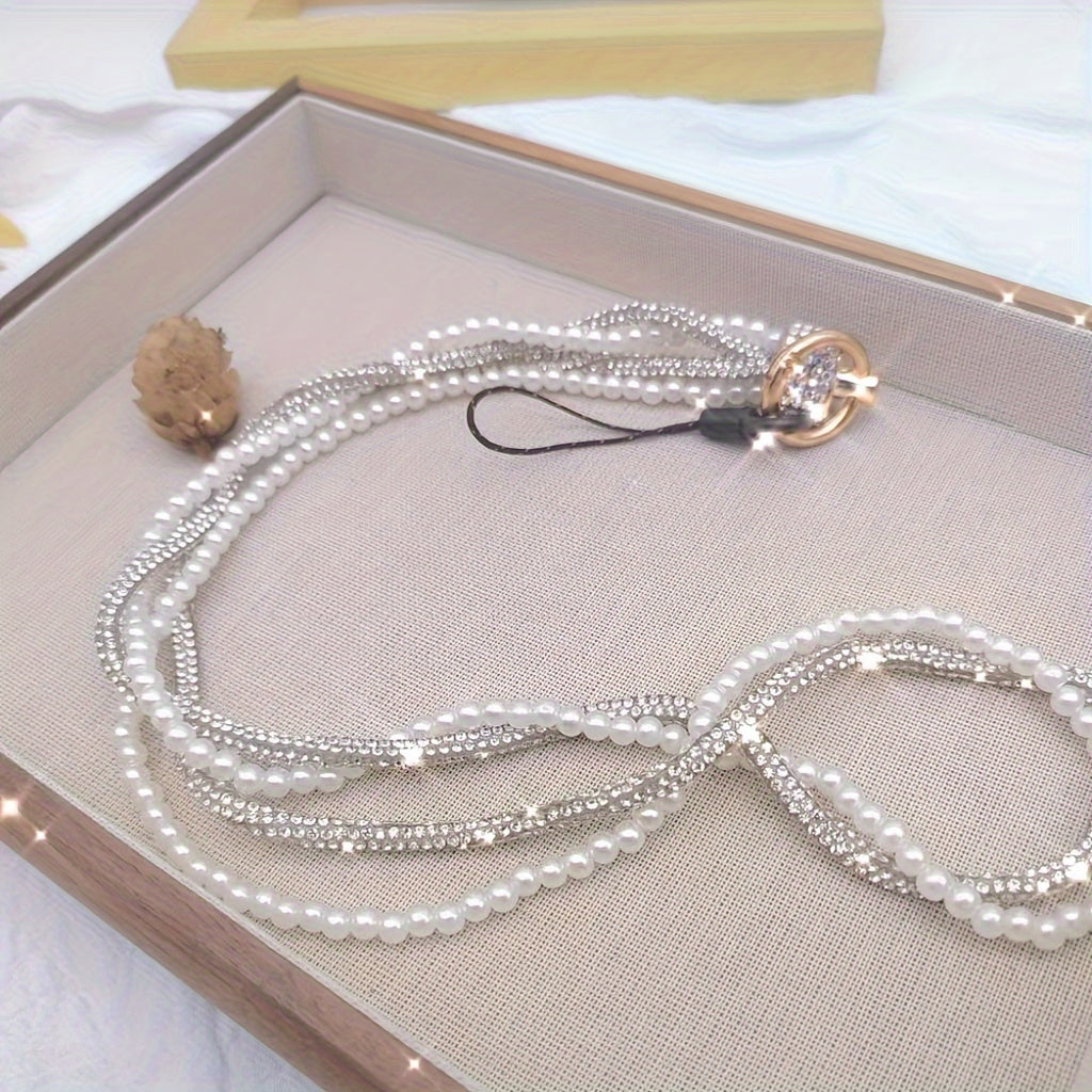 Pearl Rhinestone Long Lanyard PVC Phone Key Holder with Universal Attachment