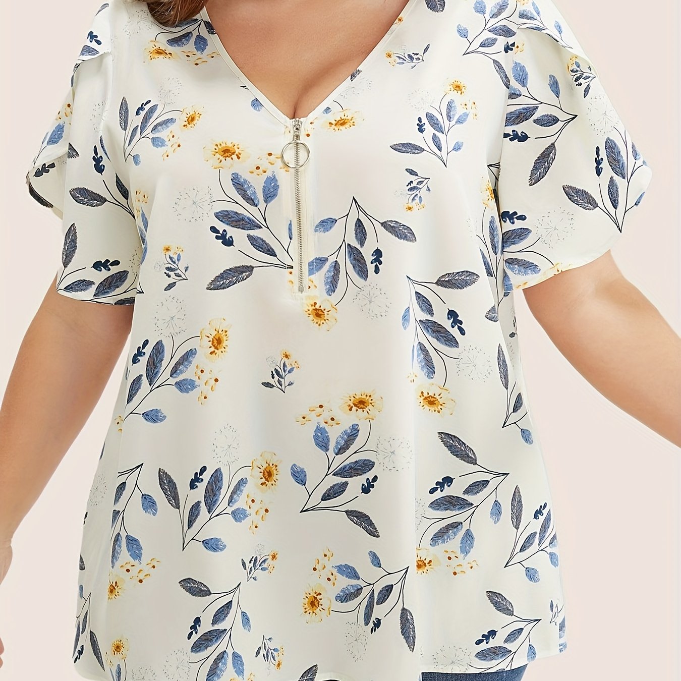 Plus Size Floral Print Blouse Casual V Neck Petal Sleeve Spring Women