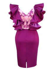 Women's Purple Bodycon Party Dress V-Neck Ruffled Short Sleeves