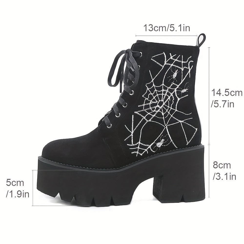 Women's Punk Style Spiderweb Embroidered Ankle Boots with Chunky Heel