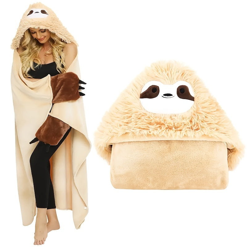Women’s Soft Fluffy Hooded Sloth Wearable Blanket with Pockets 149x130 cm