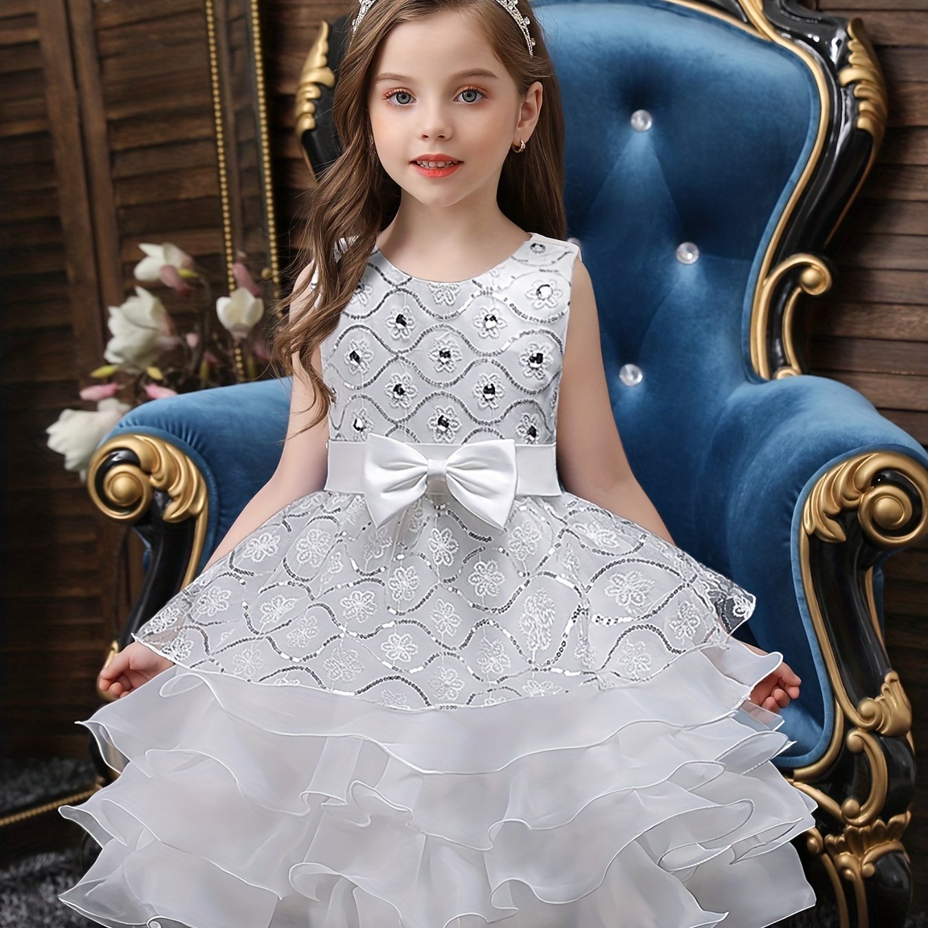 Girls Sleeveless Sequin Flower Princess Dress for Party Wedding Birthday