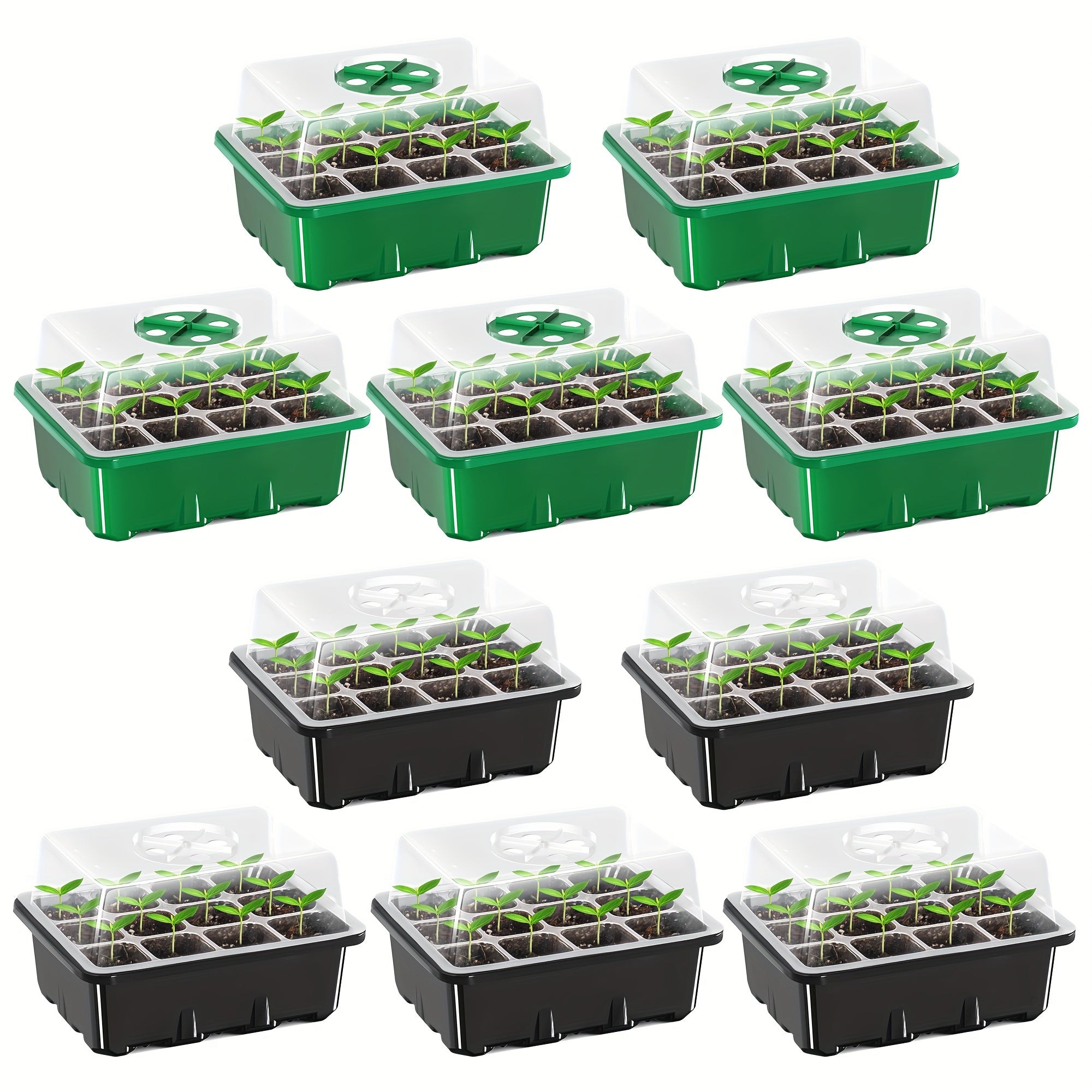 Seed Starting Tray with 120 Cells, Elevated Lids, Adjustable Humidity Vents, Green and Black
