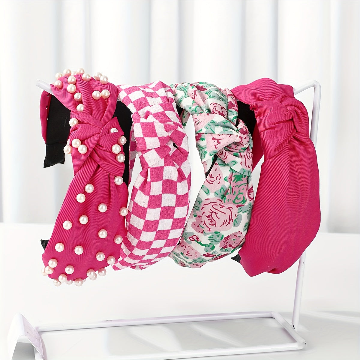 Set of 4 Women's Fabric Floral and Polka Dot Knotted Headbands with Faux Pearl Details