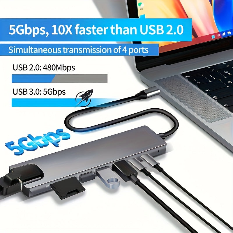 Hub USB-C 8 en 1 con HDMI 4K, Ethernet, lector de tarjetas SD/TF y carga rápida
