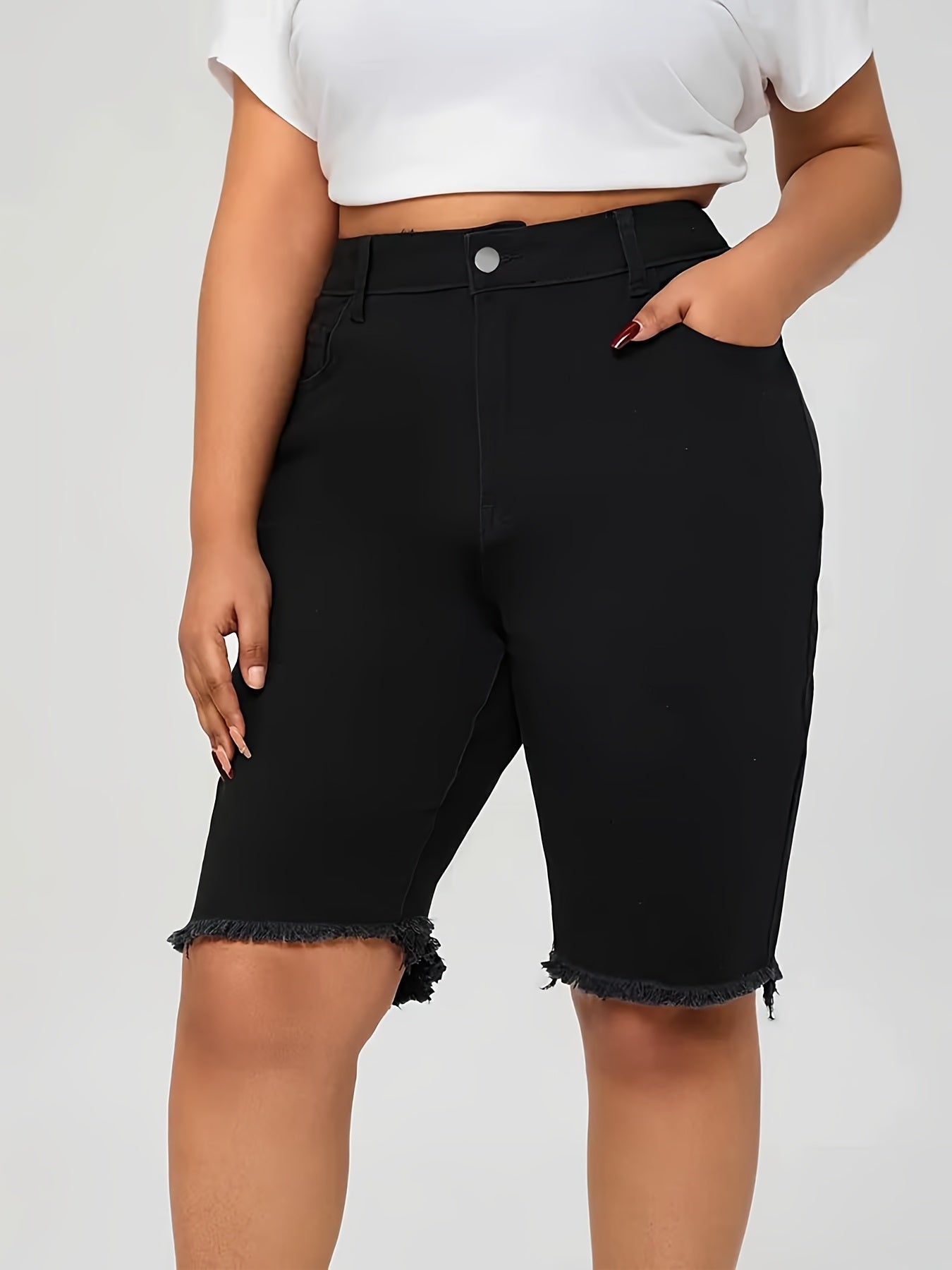 Ayollar uchun katta o'lchamli yuqori belli denim shortlar, qora, yupqa fit, kundalik, zippered