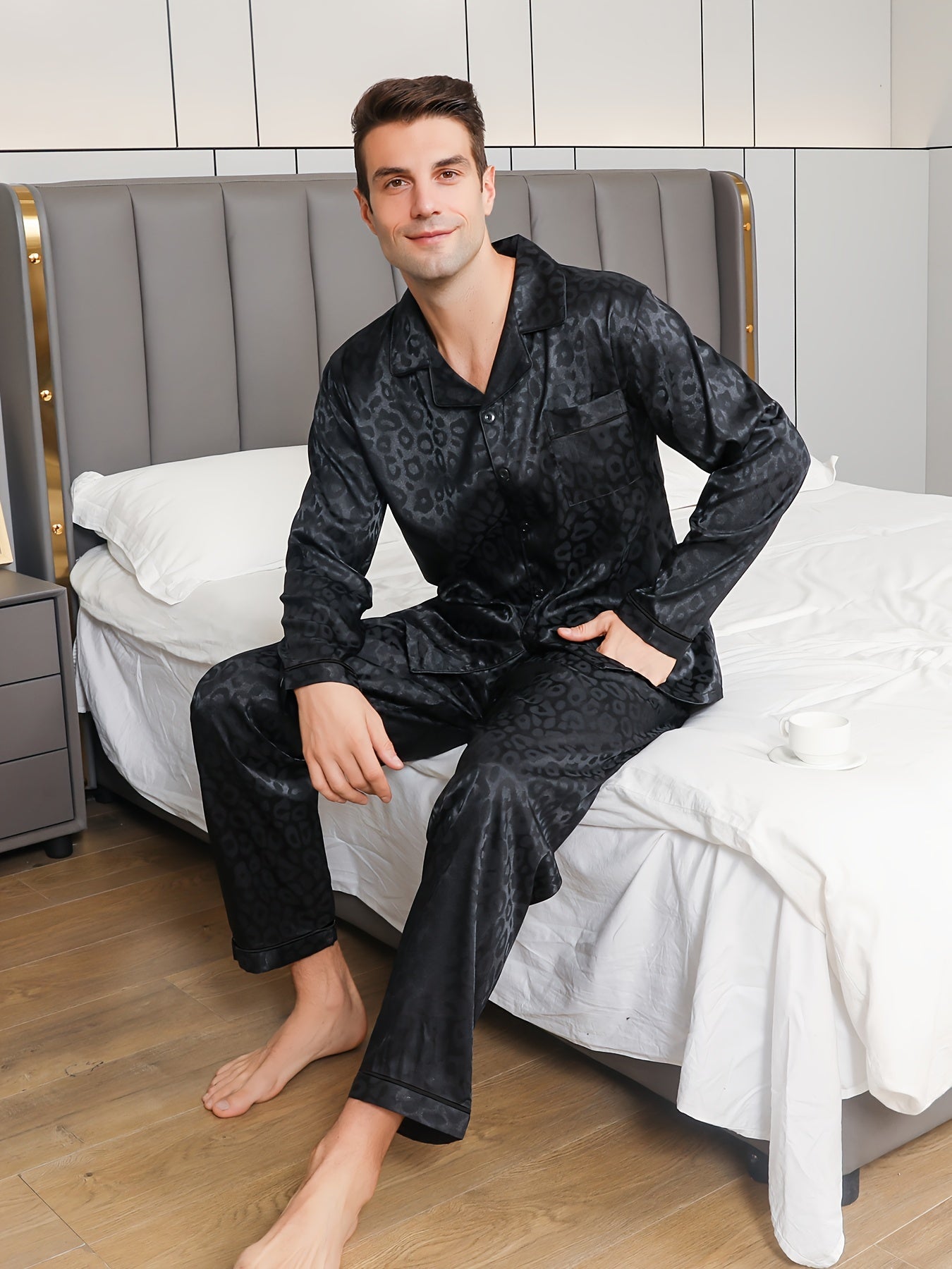 Men's Leopard Print Loungewear Set Long Sleeve Pajama Casual Spring Fall