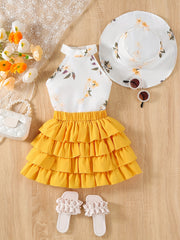 Girls Floral Garter Top Layered Skirt Summer Outfit for Young Girls