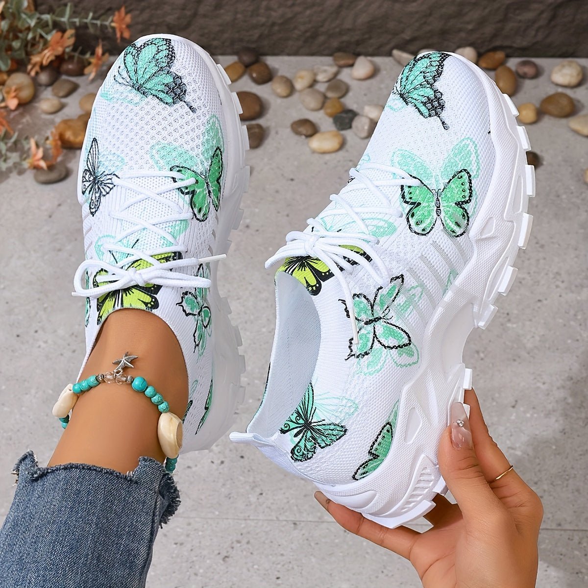 Women's Green Butterfly Pattern Sneakers Lightweight Breathable Running Shoes
