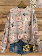 Plus Size Floral Bee Pattern Thick Crew Neck Sweater for Women