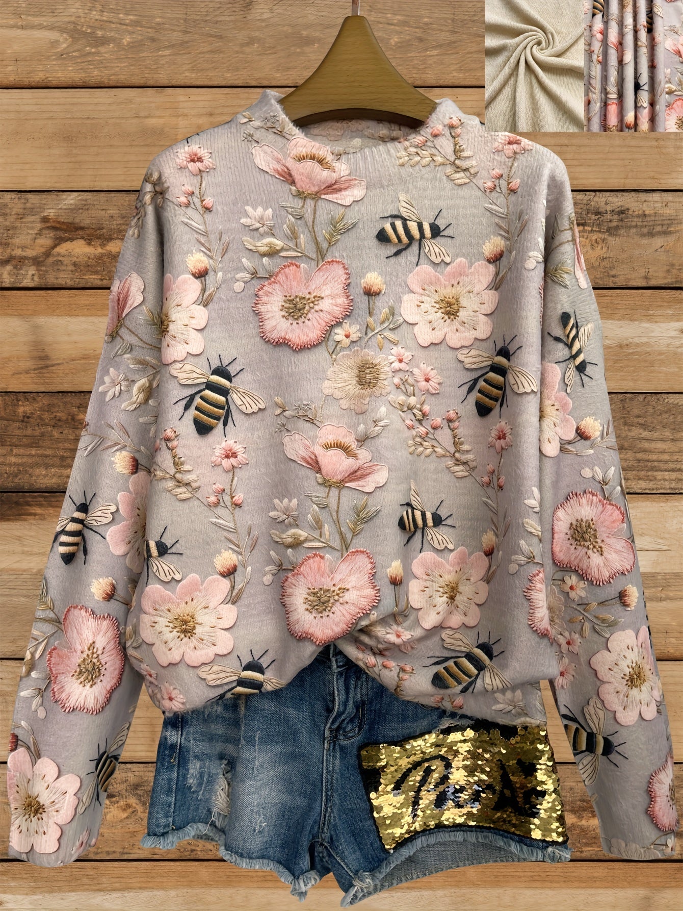 Plus Size Floral Bee Pattern Thick Crew Neck Sweater for Women