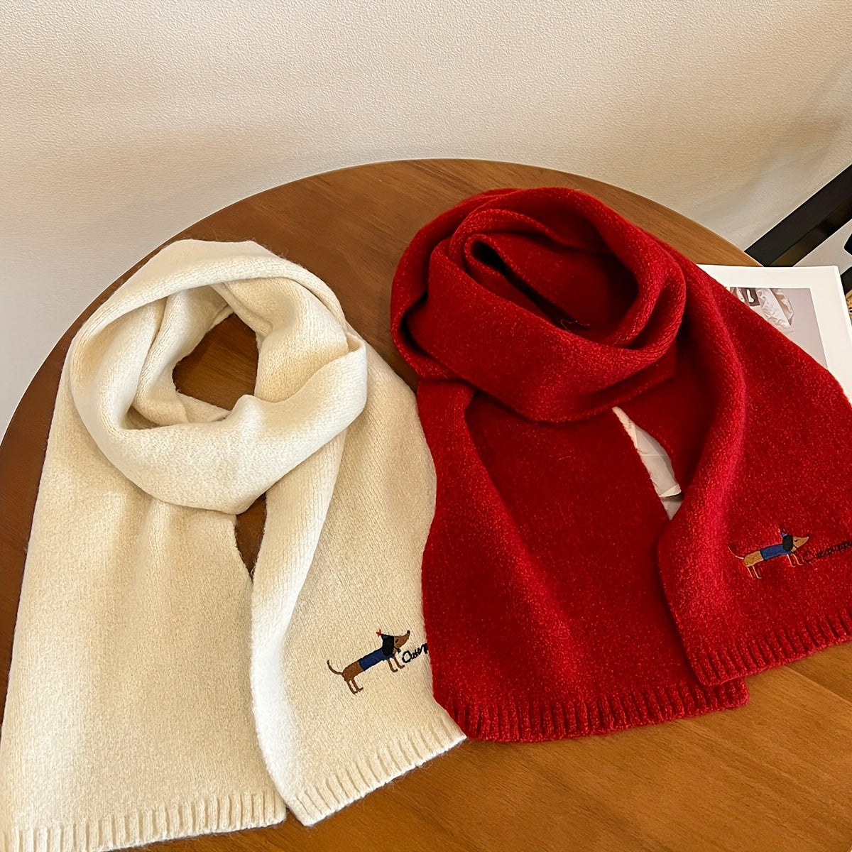 Women's Gray Wool Blend Knit Puppy Scarf Embroidered Neck Warmer Winter Windproof