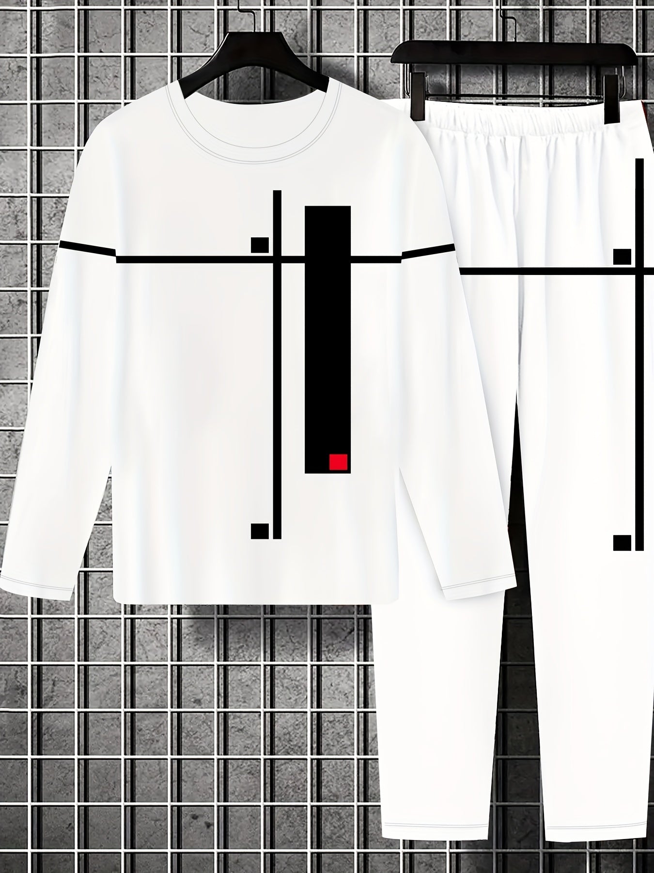 Men's Plus Size Sportswear Set with Geometric Print Crew Neck Long Sleeve T-Shirt and Pants Breathable Polyester Spandex Spring Fall