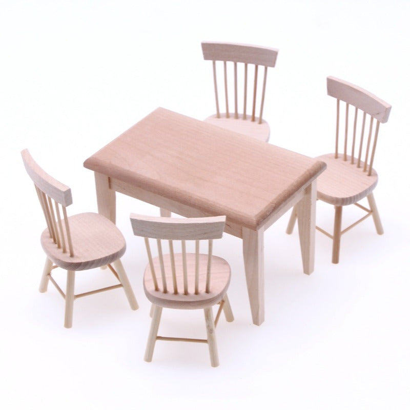Set of 5 Miniature Wooden Dining Furniture 1:12 Scale Natural Finish for DIY Decor