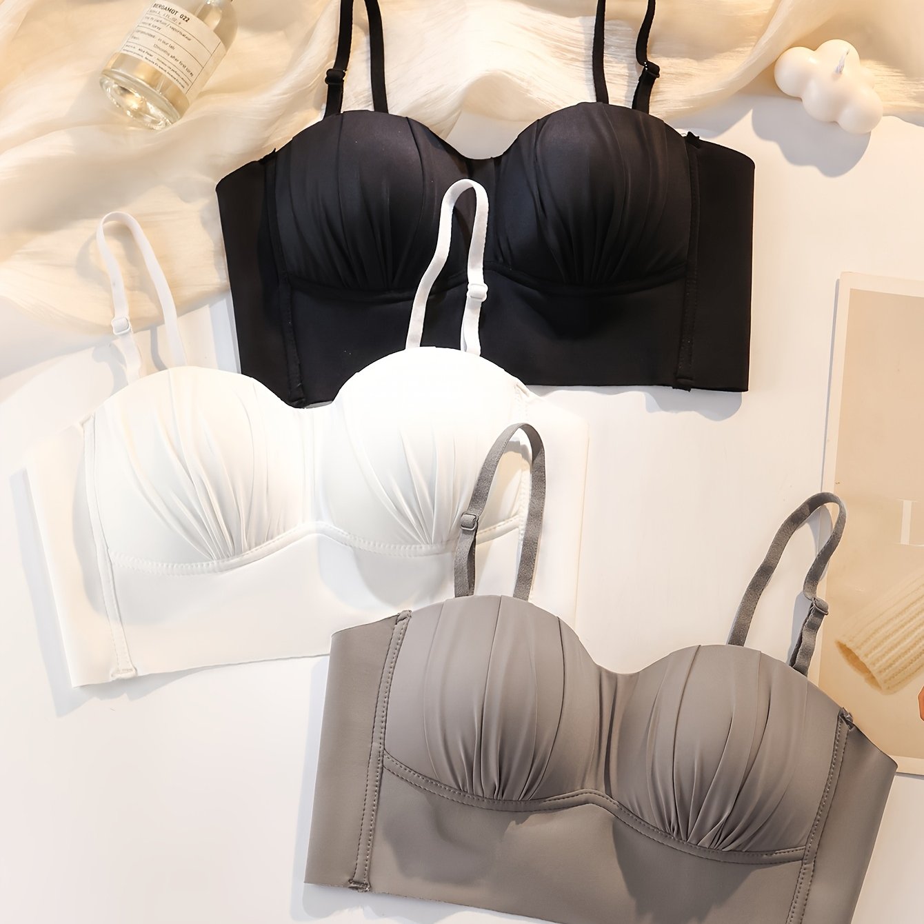 3-to'plamli uzluksiz simsiz ko'ylaklar, ayollar uchun o'rta qo'llab-quvvatlash, naylon to'qilgan, bir rangli, strapless bandeau