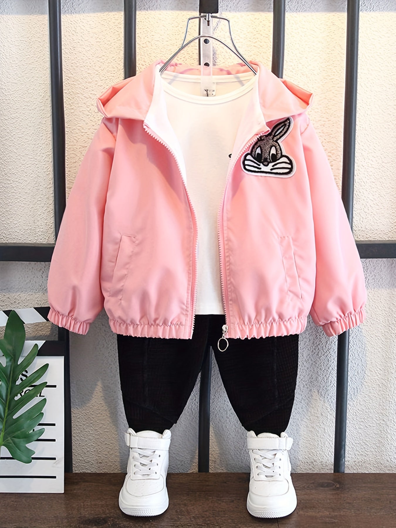 Girls' Long Sleeve Hooded Jacket with Rabbit Embroidery for Spring Fall Casual Kids Outerwear