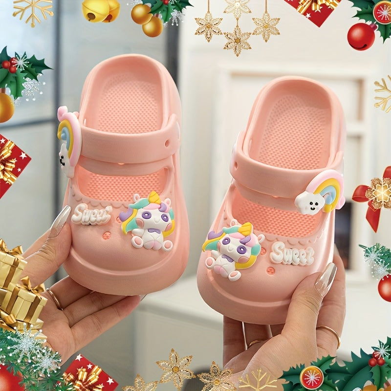 Girls' Cartoon Clogs in Pink and White with Charms for All-Season Indoor Outdoor Use