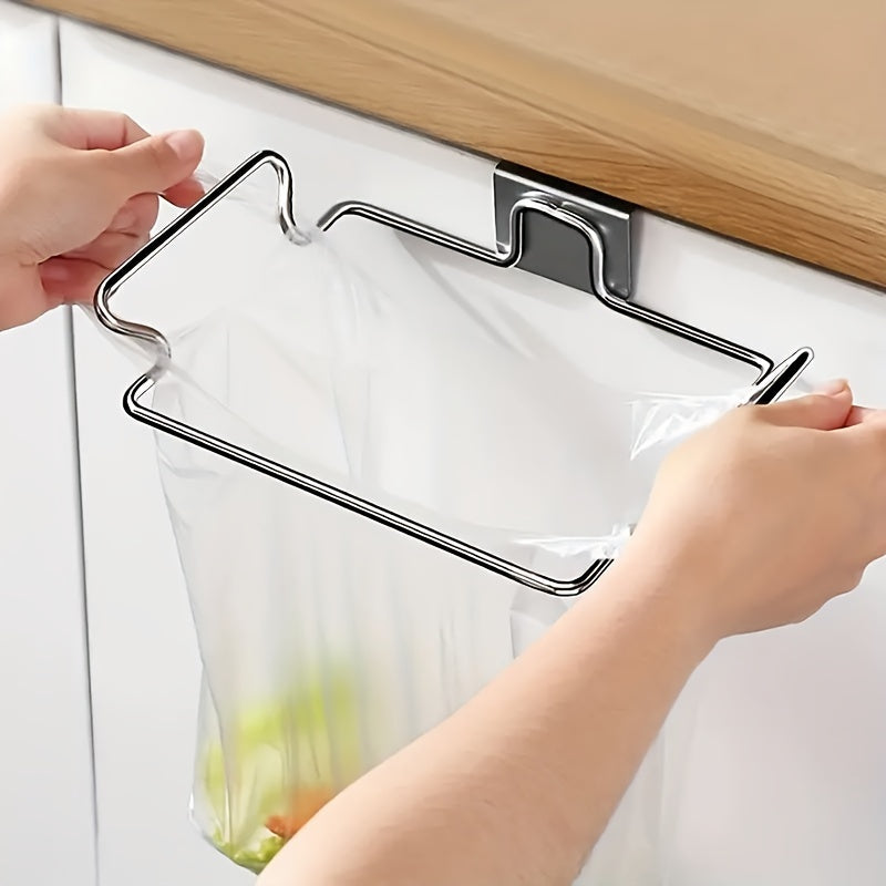 Stainless Steel Trash Bag Holder Over Cabinet Door Rack with Towel Hooks Kitchen Organizer
