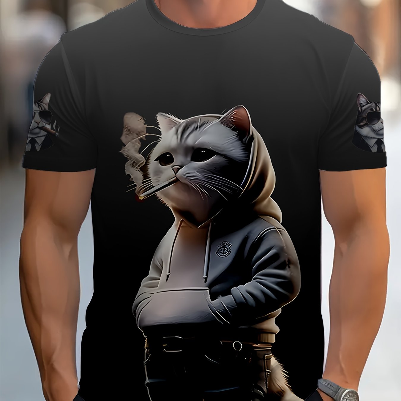 Camiseta de manga corta de poliéster tricotado con impresión de gato 3D para adultos y adolescentes, casual, verano, primavera, otoño