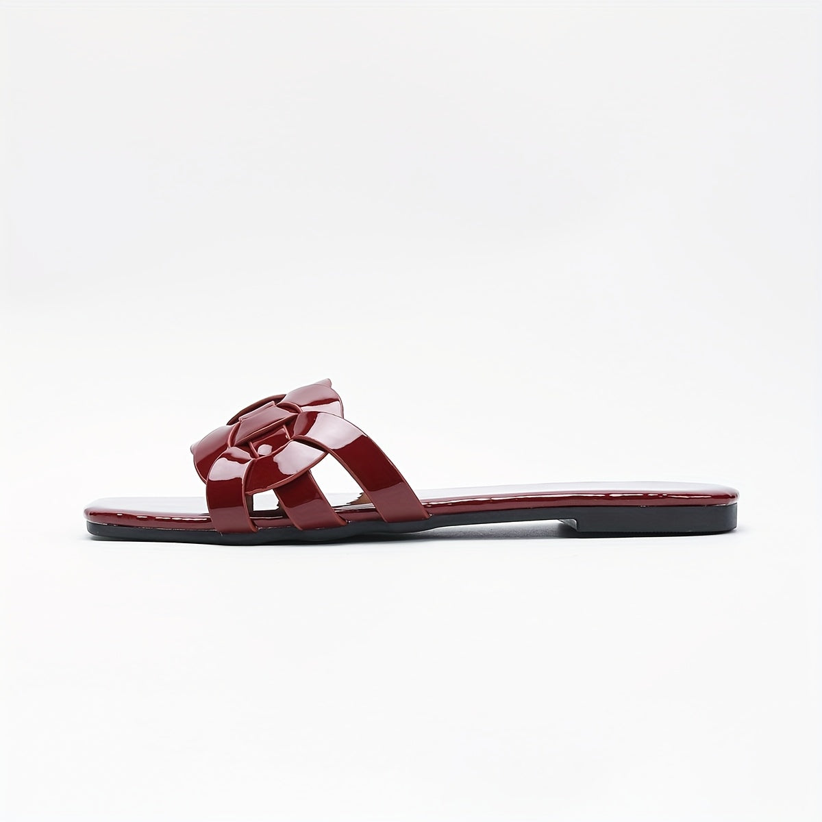 Women's Burgundy Flat Sandals with Floral Buckle Ankle Strap