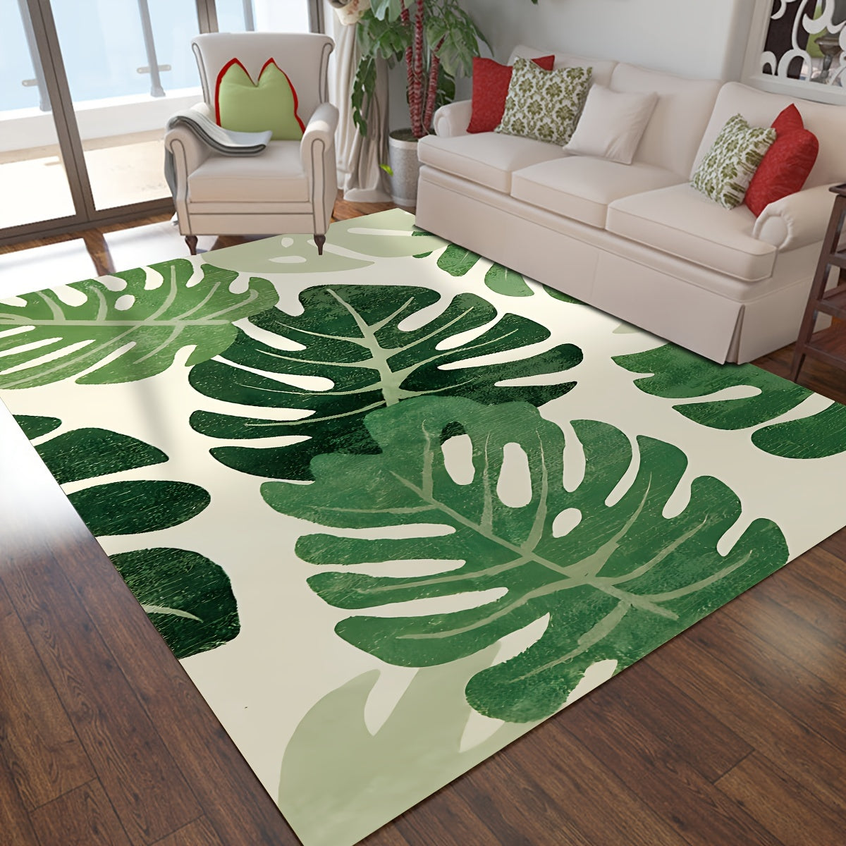 Green Plant Pattern Area Rug Polyester Non-Slip Foam Pad for Living Room Bedroom
