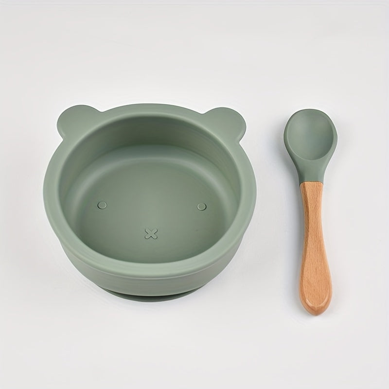 Set de alimentación para bebé, cuenco de silicona con succión, mango de madera y cuchara, libre de BPA