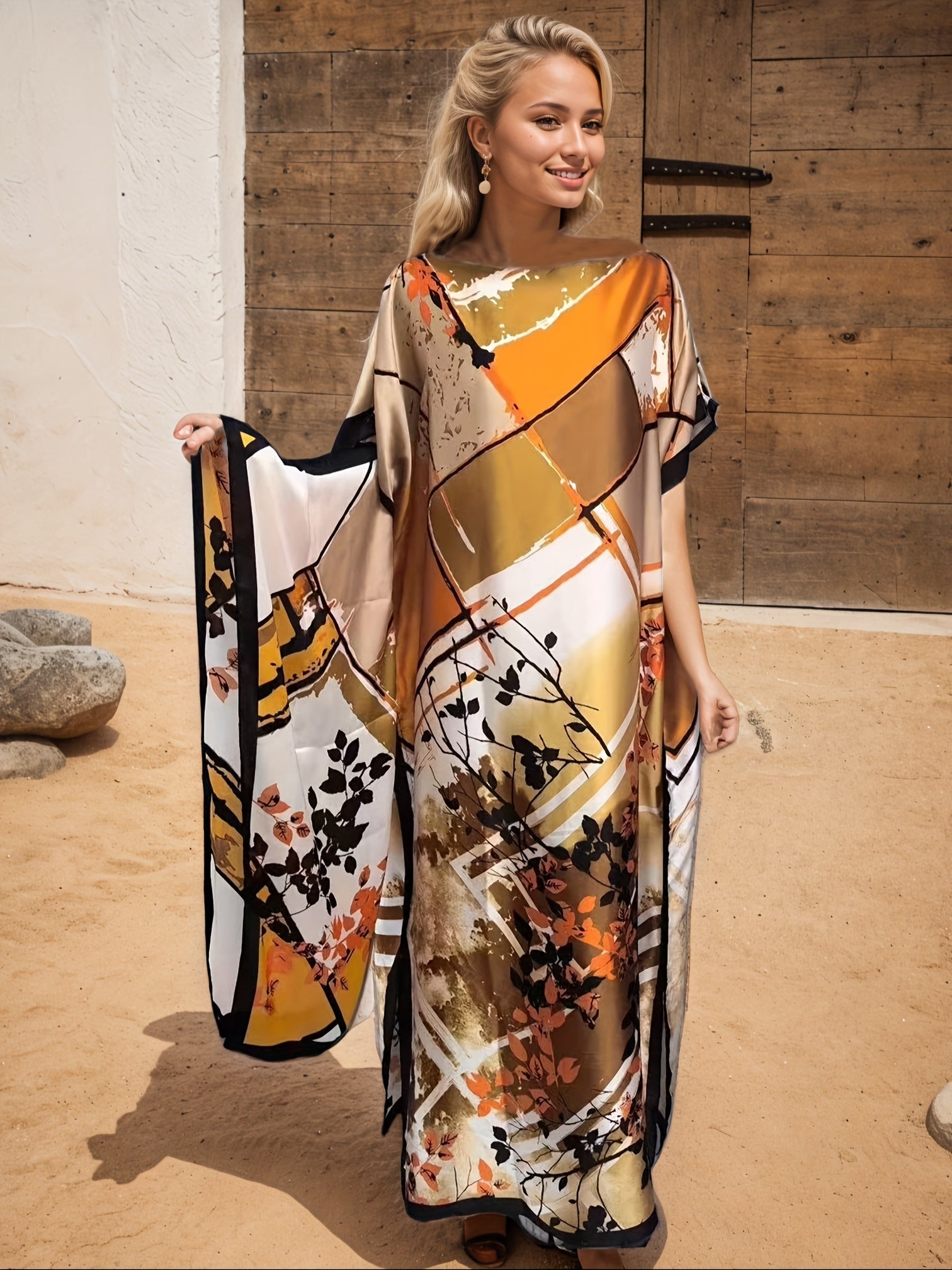 Vestido largo de talla grande para mujer con estampado floral, manga larga, casual y formal