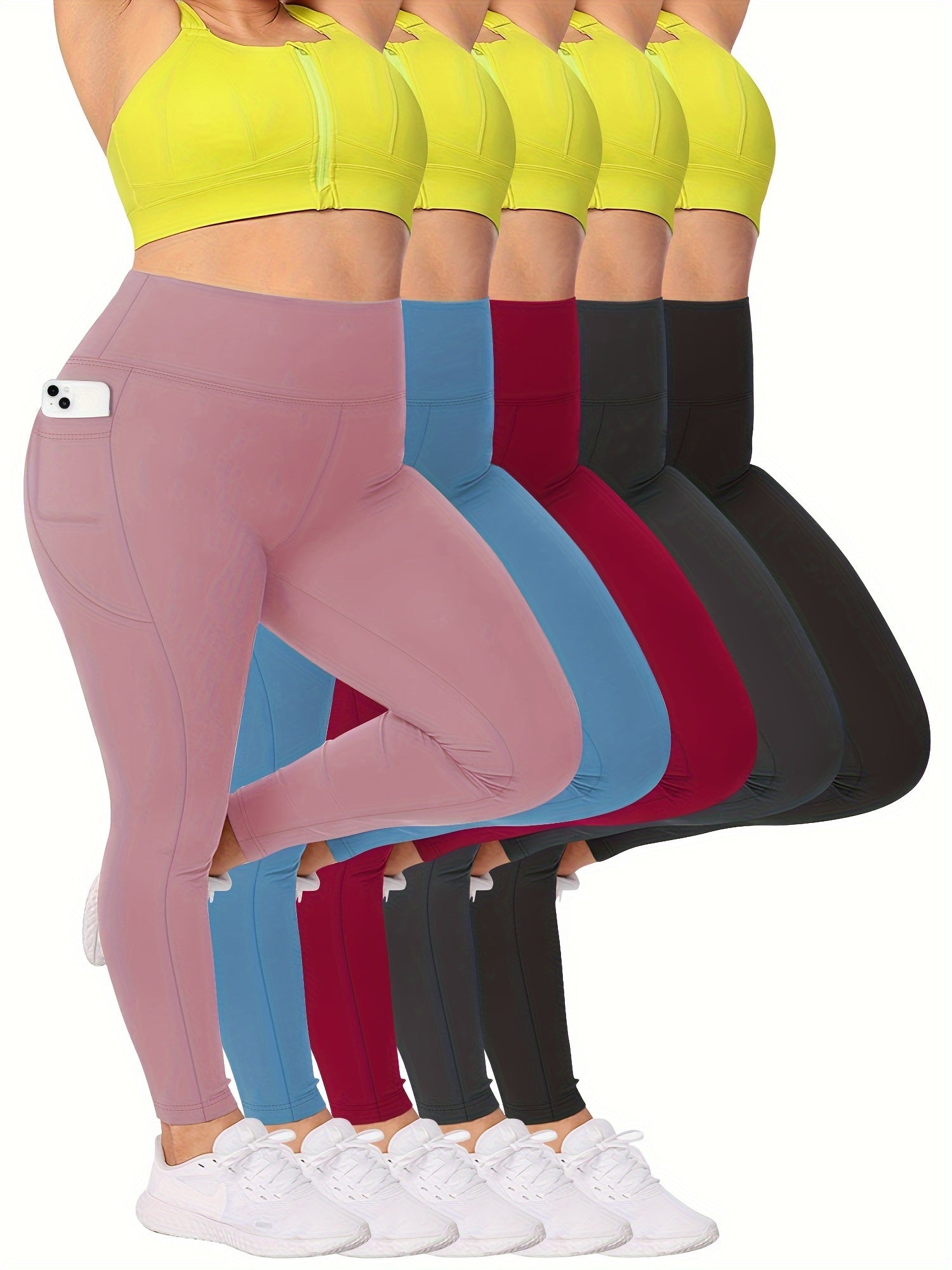Plus Size Women’s Tummy Control Leggings 5-Pack High-Waisted Pockets
