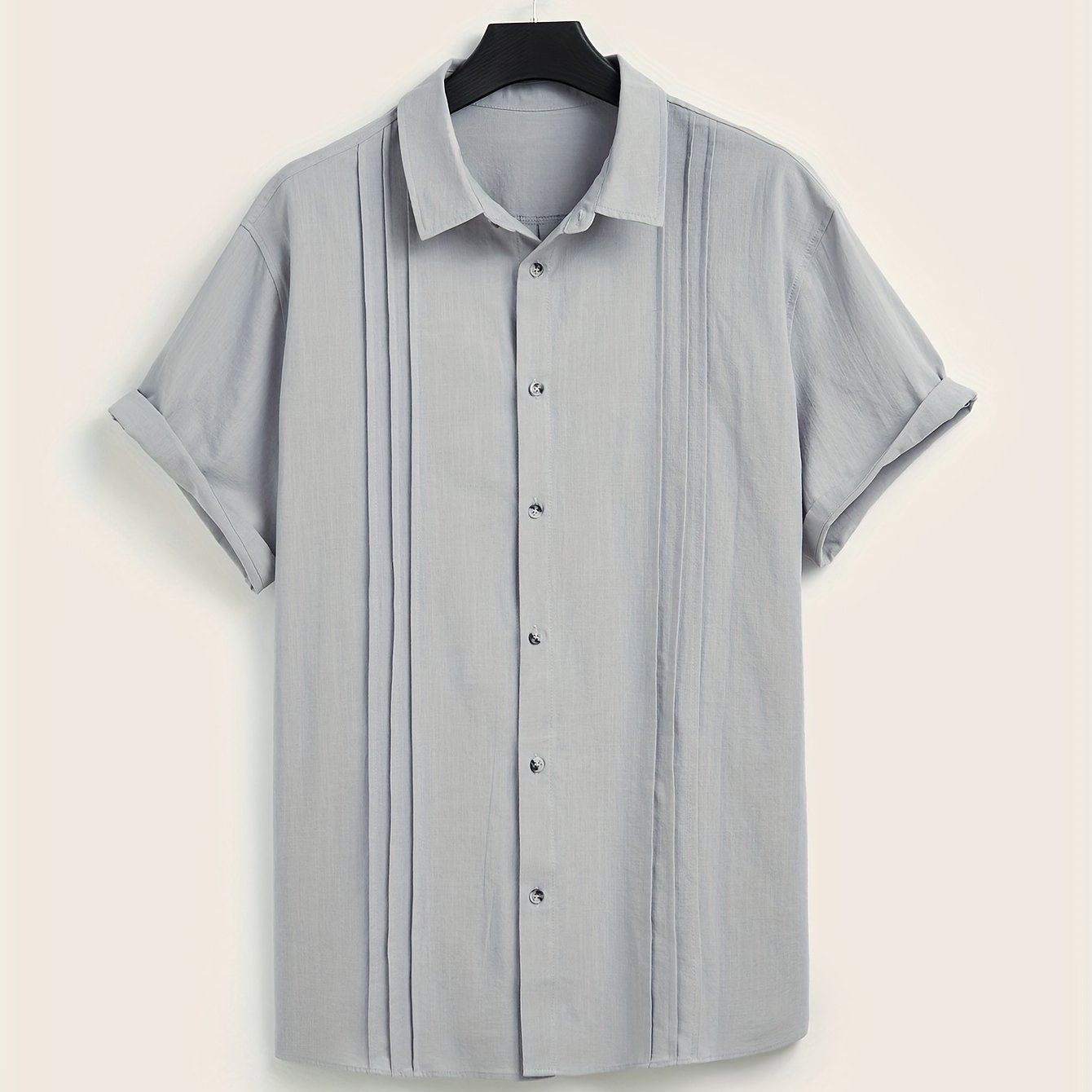 Paxta erkaklar uchun tasodifiy ko'ylak, yuqori bo'yin, oddiy kesim, bir xil rang, to'qilgan mato, tugma yopilishi, qirralangan tafsilotlar, katta o'lcham.