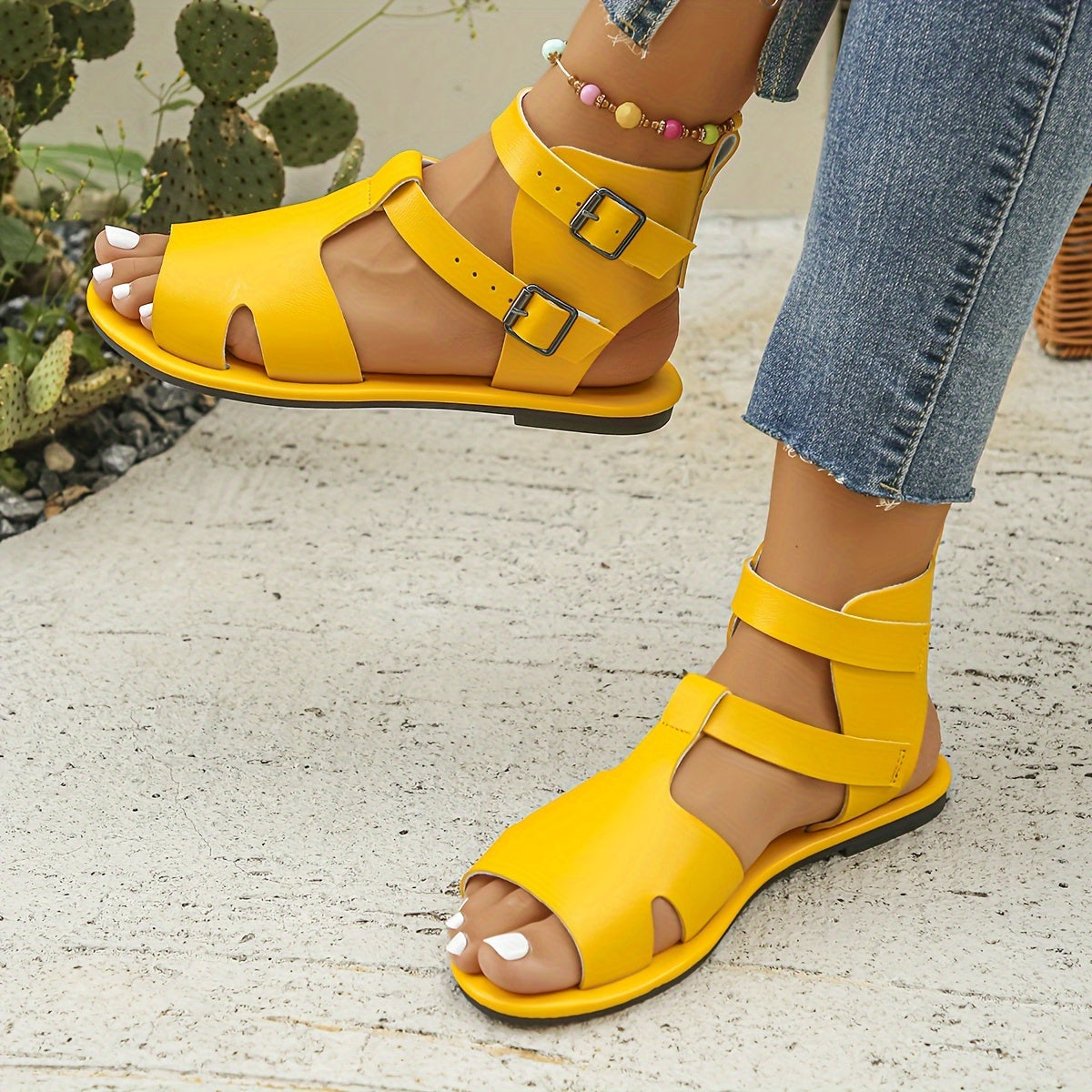 Women's Ankle Buckle Sandals Hollow Out Flat Beach Shoes