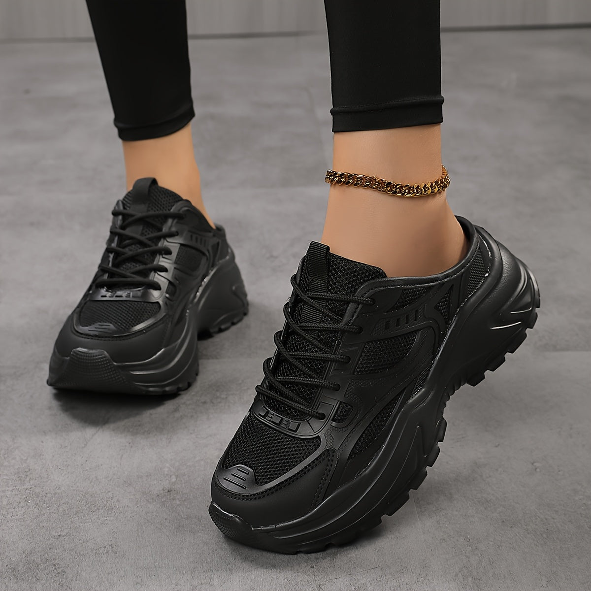 Women’s Chunky Sneakers Breathable Mesh PVC Low Top Lace-Up Shoes