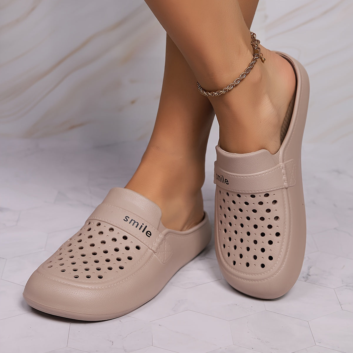 Women's Black EVA Mules with Smile Print Flat Casual Footwear