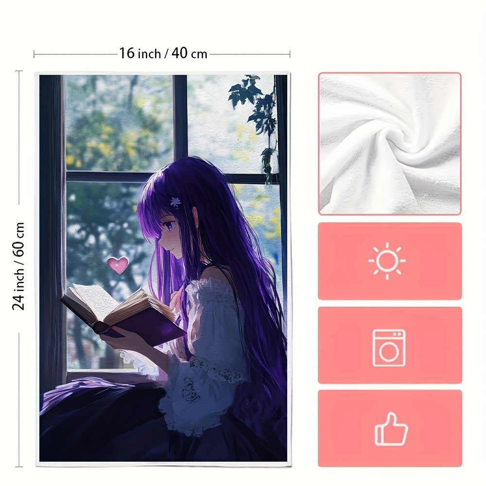 Set of 2 Ultra-Soft Kitchen Towels Anime Girl Purple Hair Absorbent Dish Towels