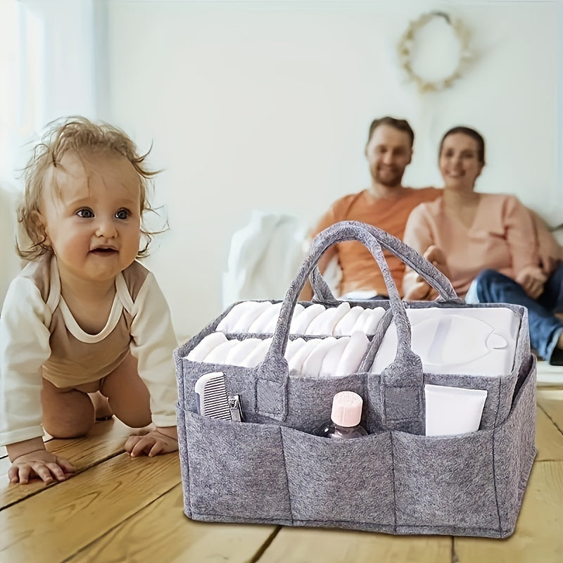 Gray Felt Diaper Organizer with Handles, Foldable Storage for Diapers and Wipes