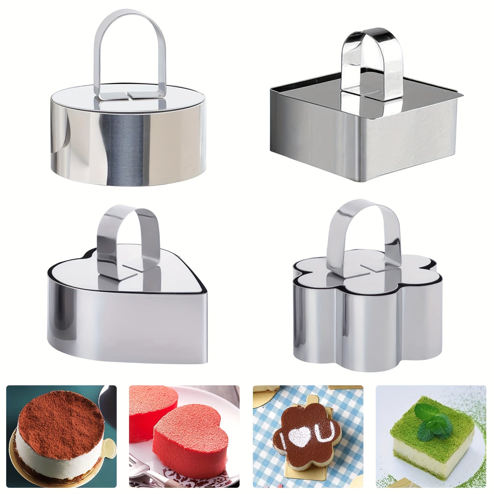 Stainless Steel Cake Mold Set with Push Plate Circular Heart Flower Shapes for Cheesecakes Pastries Cookies