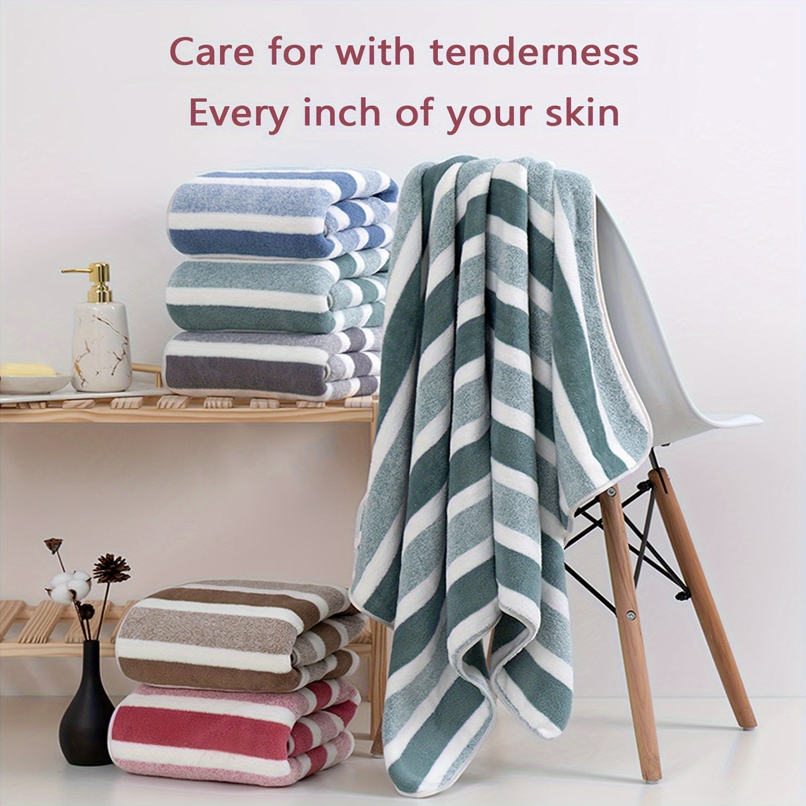 Striped Coral Fleece Bath Towel Quick-Dry Ultra Absorbent Skin-Friendly Space Themed