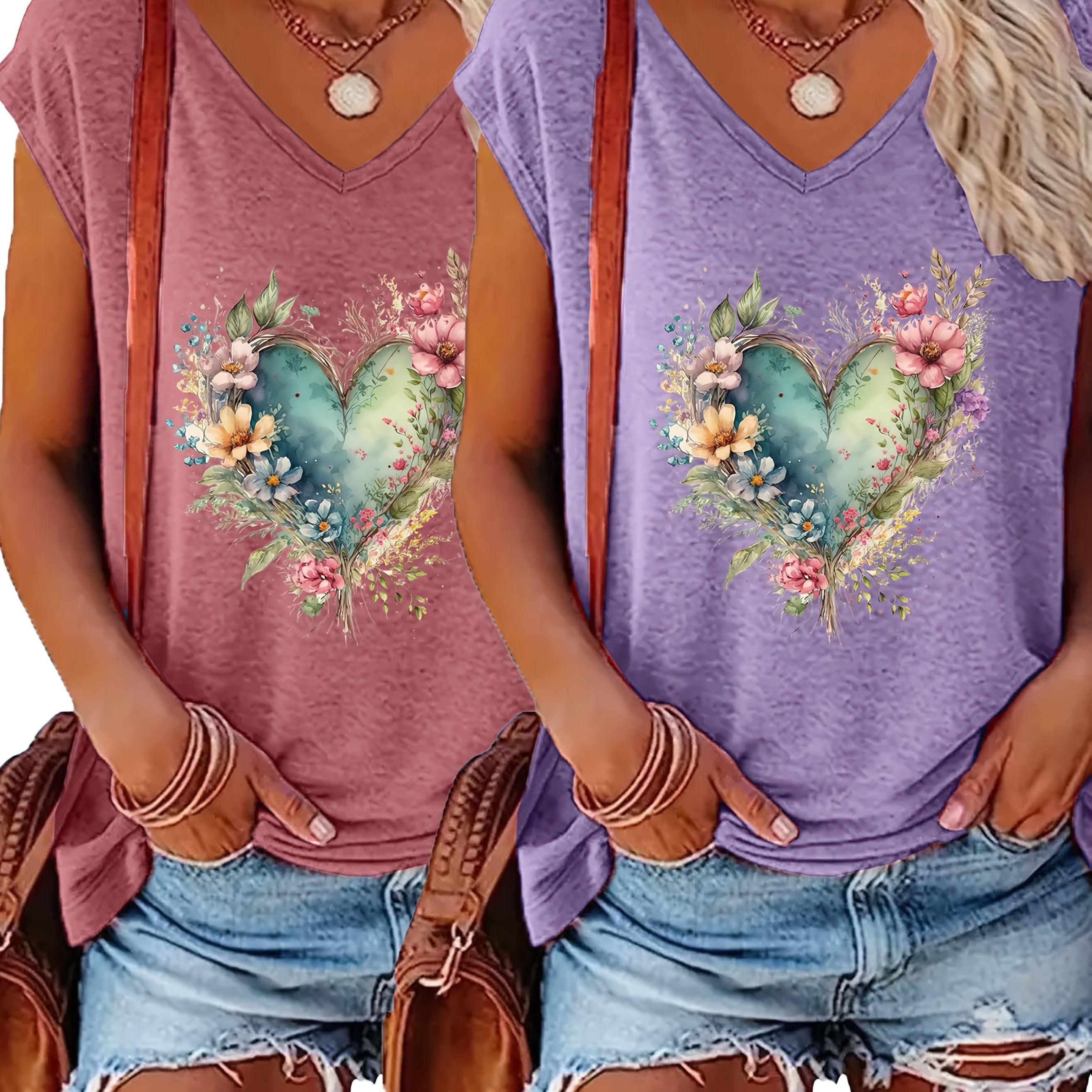 Women's V-Neck T-Shirts 2-Pack Short Sleeve Floral Heart Beige Blue