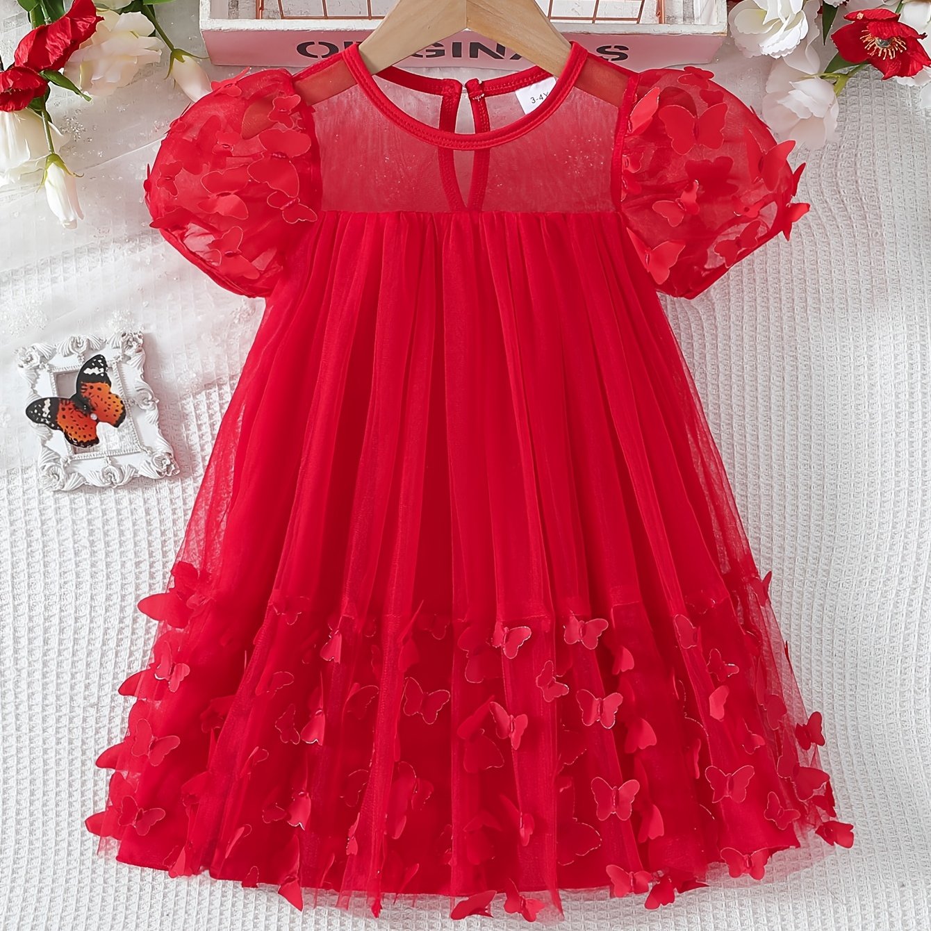 Girls' Spring Summer Princess Dress with 3D Butterfly Detail Short Puff Sleeve Flared Hollow Design
