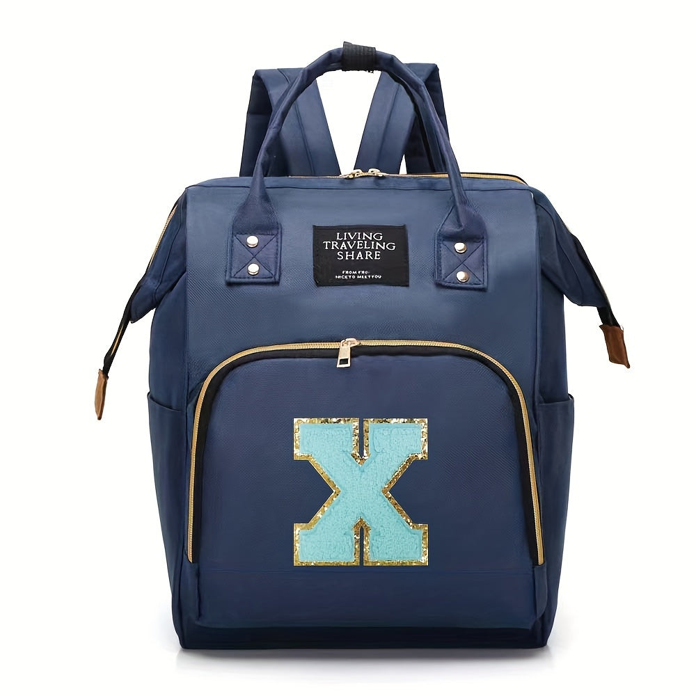 Blue Polyester Diaper Bag with Multiple Compartments and Bottle Holder