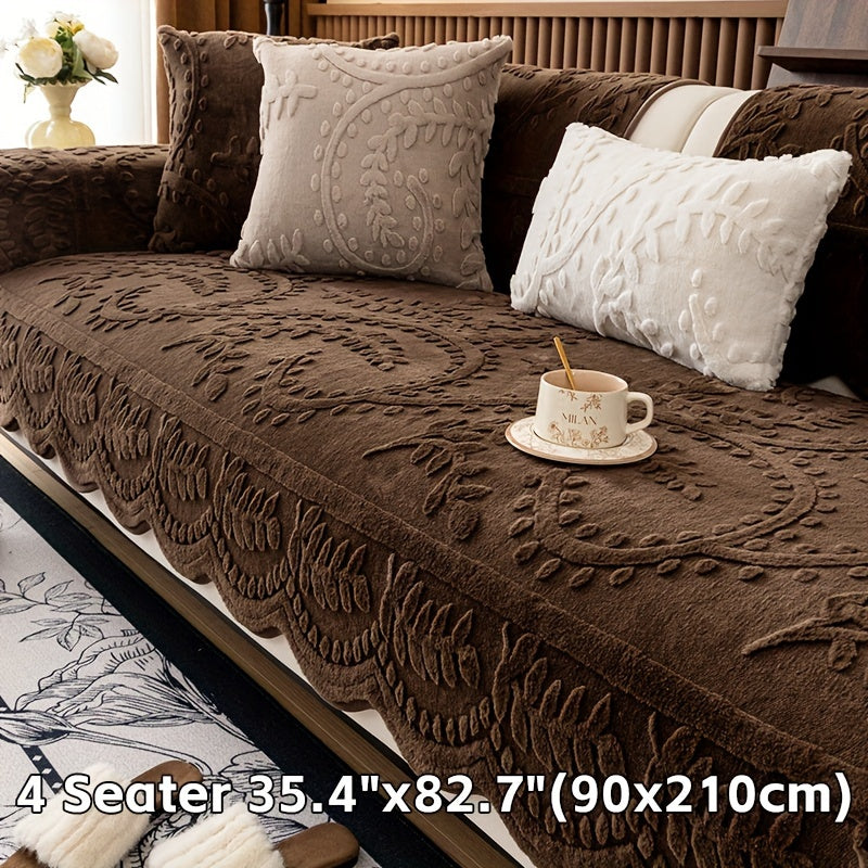 Beige Faux Rabbit Fur Sofa Cover for 1-4 Seaters with Floral Leaf Pattern Non-Slip Washable