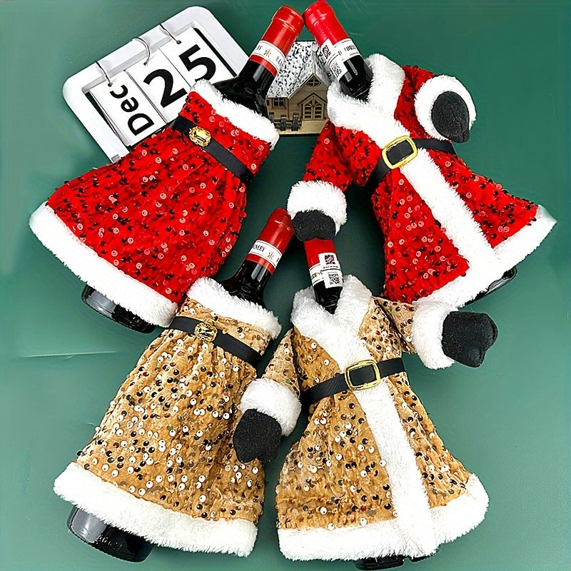 Set of 2 Festive Christmas Wine Bottle Covers with Sequined Attire Plush Hats Leak-Proof Sweater