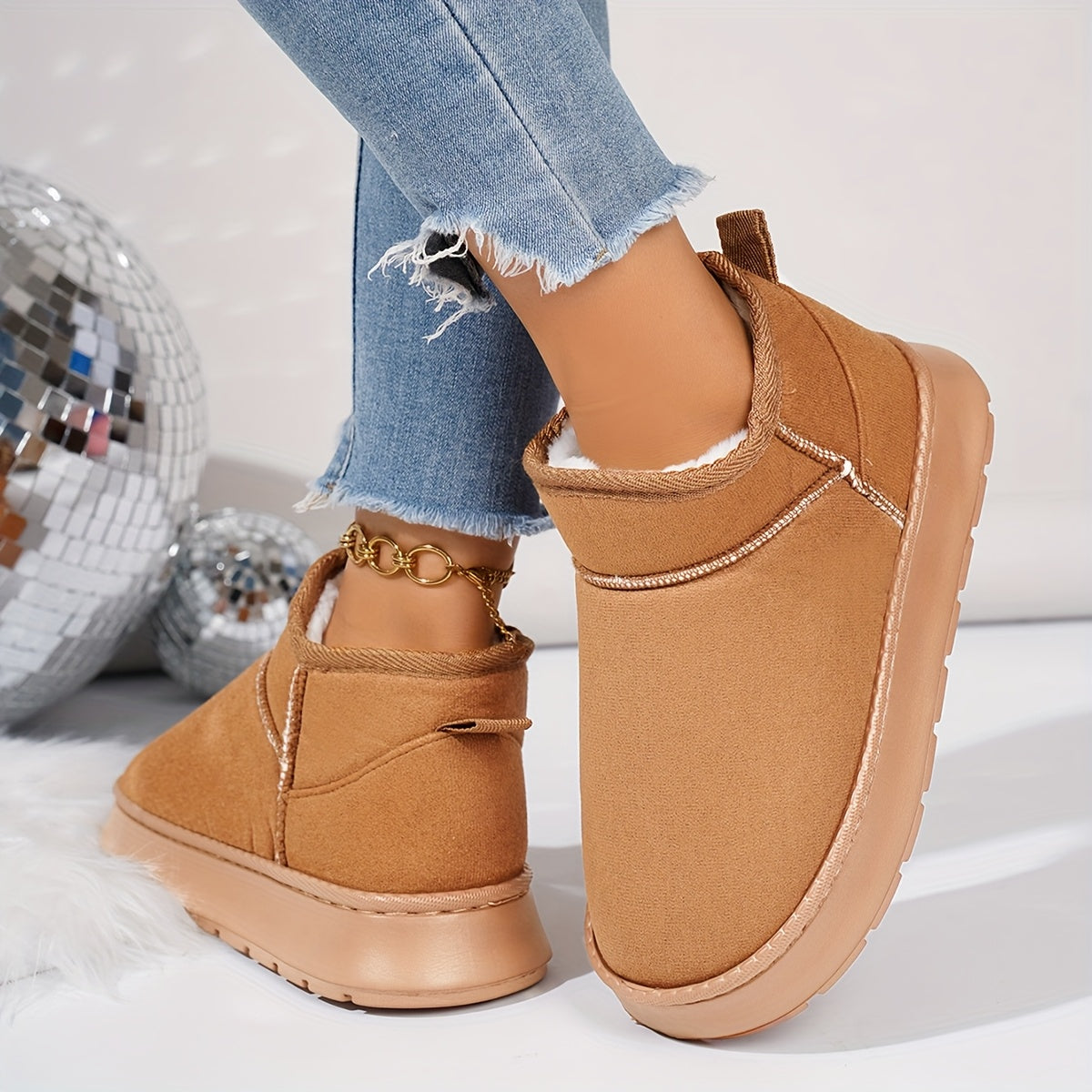 Women's Fleece Slippers with Gold Chain Ankle Strap, Non-Slip Sole, Plush Lining