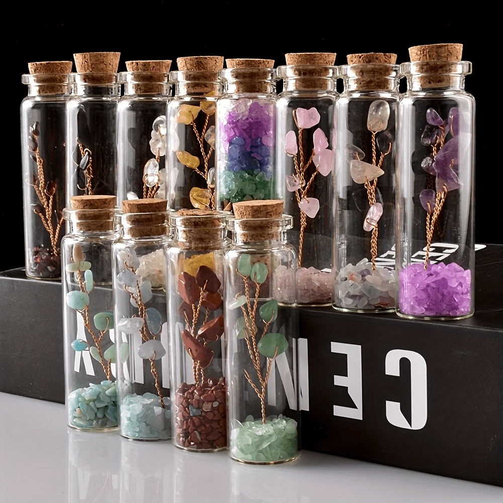 Botella de deseos de cristal con cristales naturales y árbol de la suerte para meditación y decoración