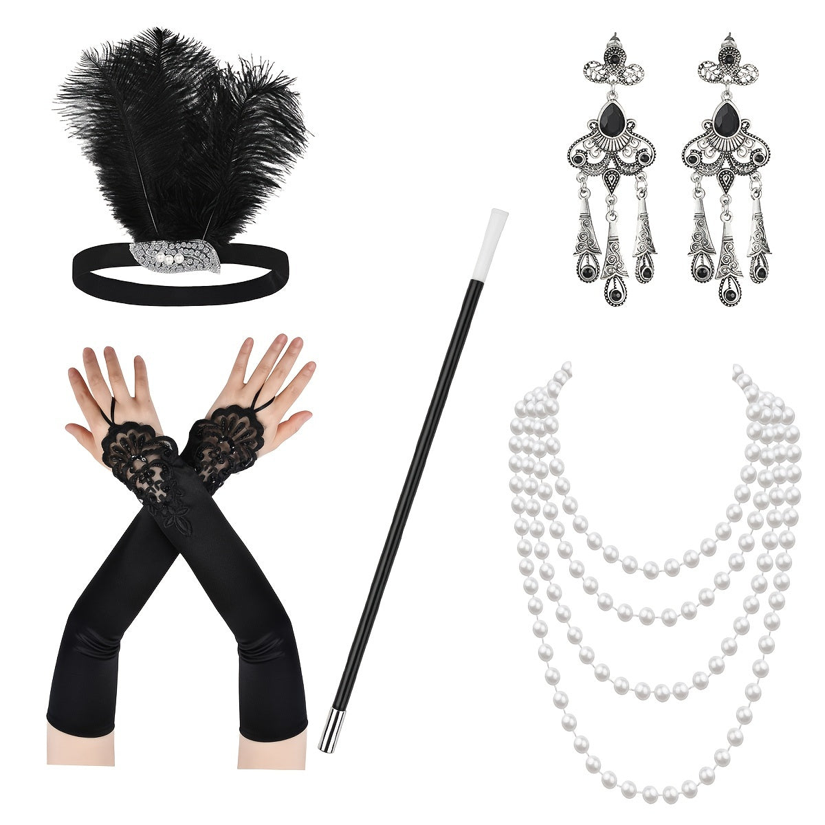 Set de accesorios de disfraces con temática Gatsby para mujeres con diadema de plumas, guantes, collar de perlas y sujetapapeles para cigarrillos