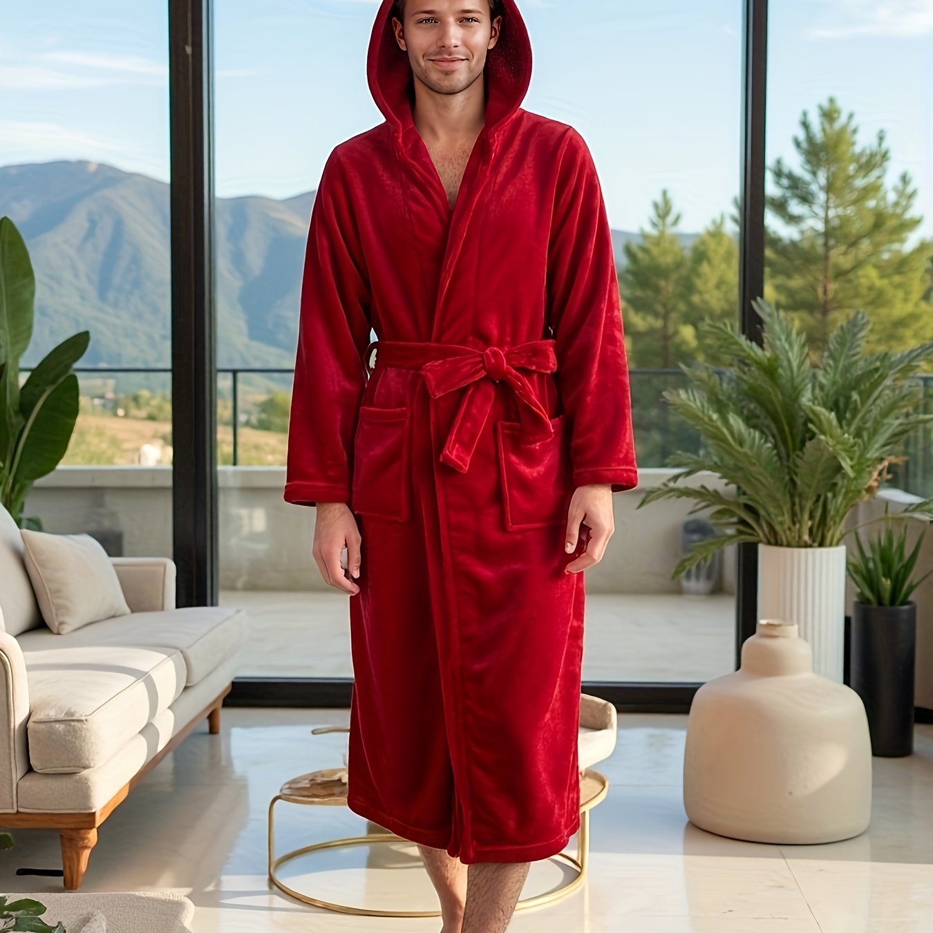 Men's Green Plush Fleece Hooded Bathrobe with Pockets and Tie Belt for Fall Winter